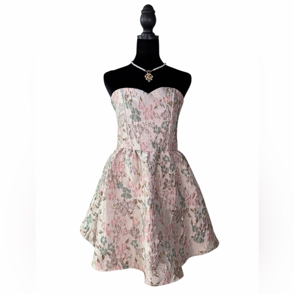 Francesca's Cream and Soft Pink Floral Strapless Dress